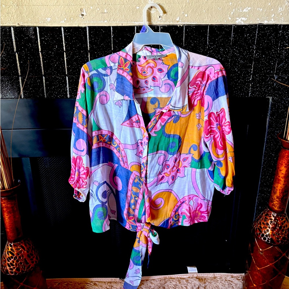 Colorful Patterned Tie-Front Blouse
